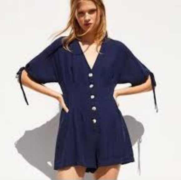 Zara Pants - Zara Short Sleeve Linen Blend Navy Romper US S